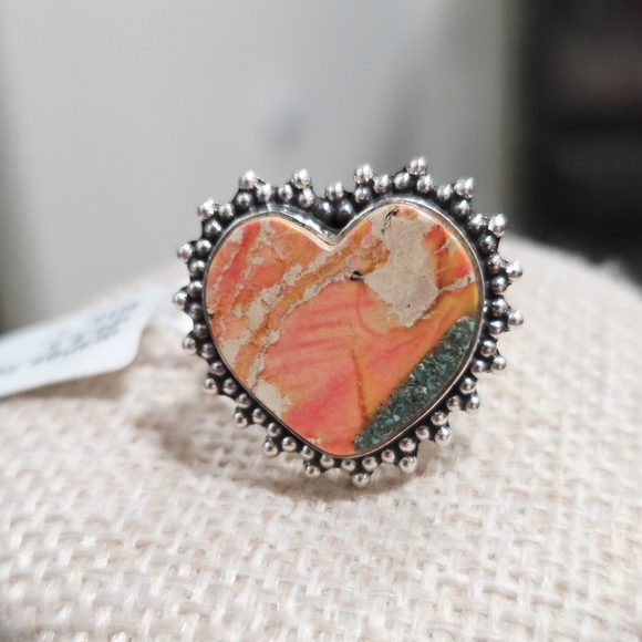 925 Sterling Silver Jewelry - Heart-Shaped Silver and Sea Sediment Jasper Stone Ring